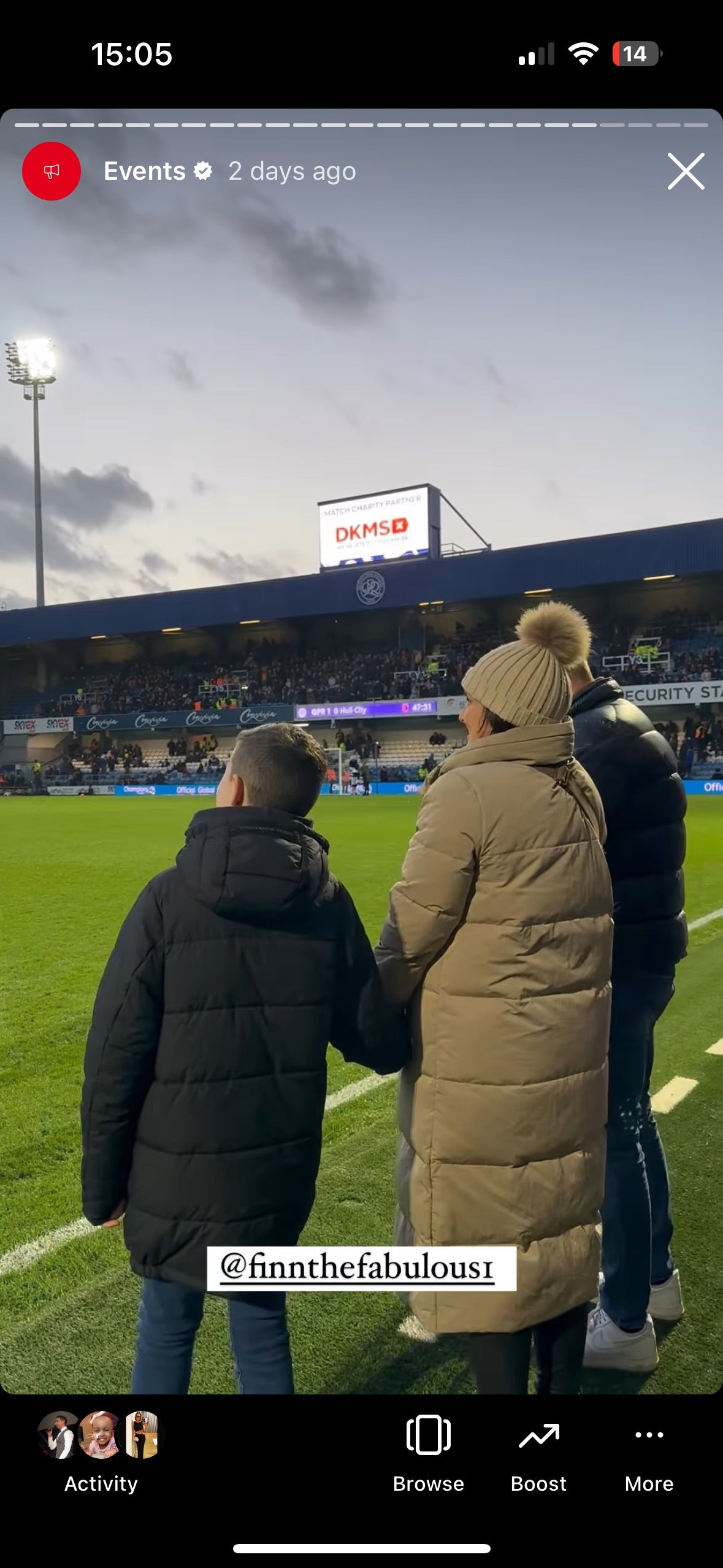 Jo, Paul and Finn Hill pitch side at half time
