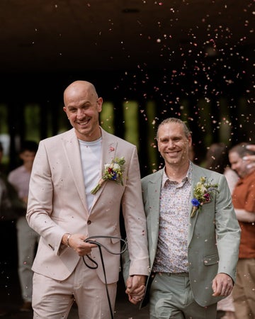Richard & Paul, who gave all of their guests DKMS wedding favours, on their wedding day in early 2026