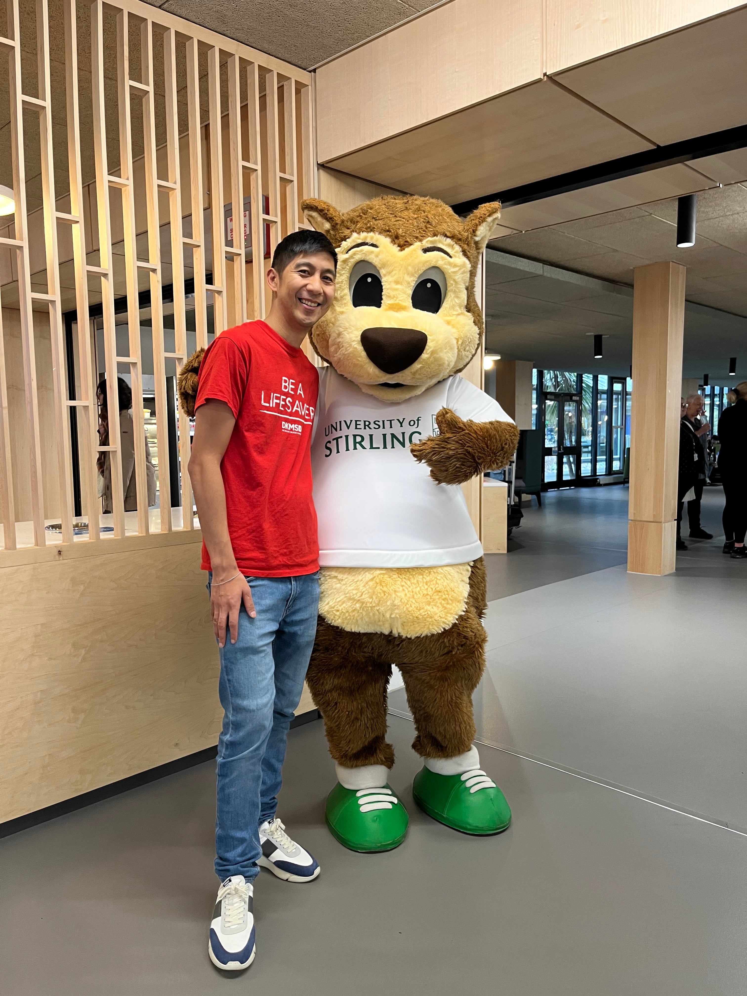 Ian with University of Stirling mascot, Stirling Squirrel