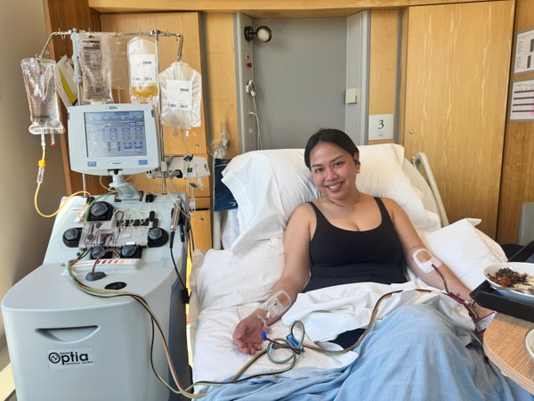 Oncology Nurse, Jansen, from RUH Bath donating her stem cells at a clinic in London