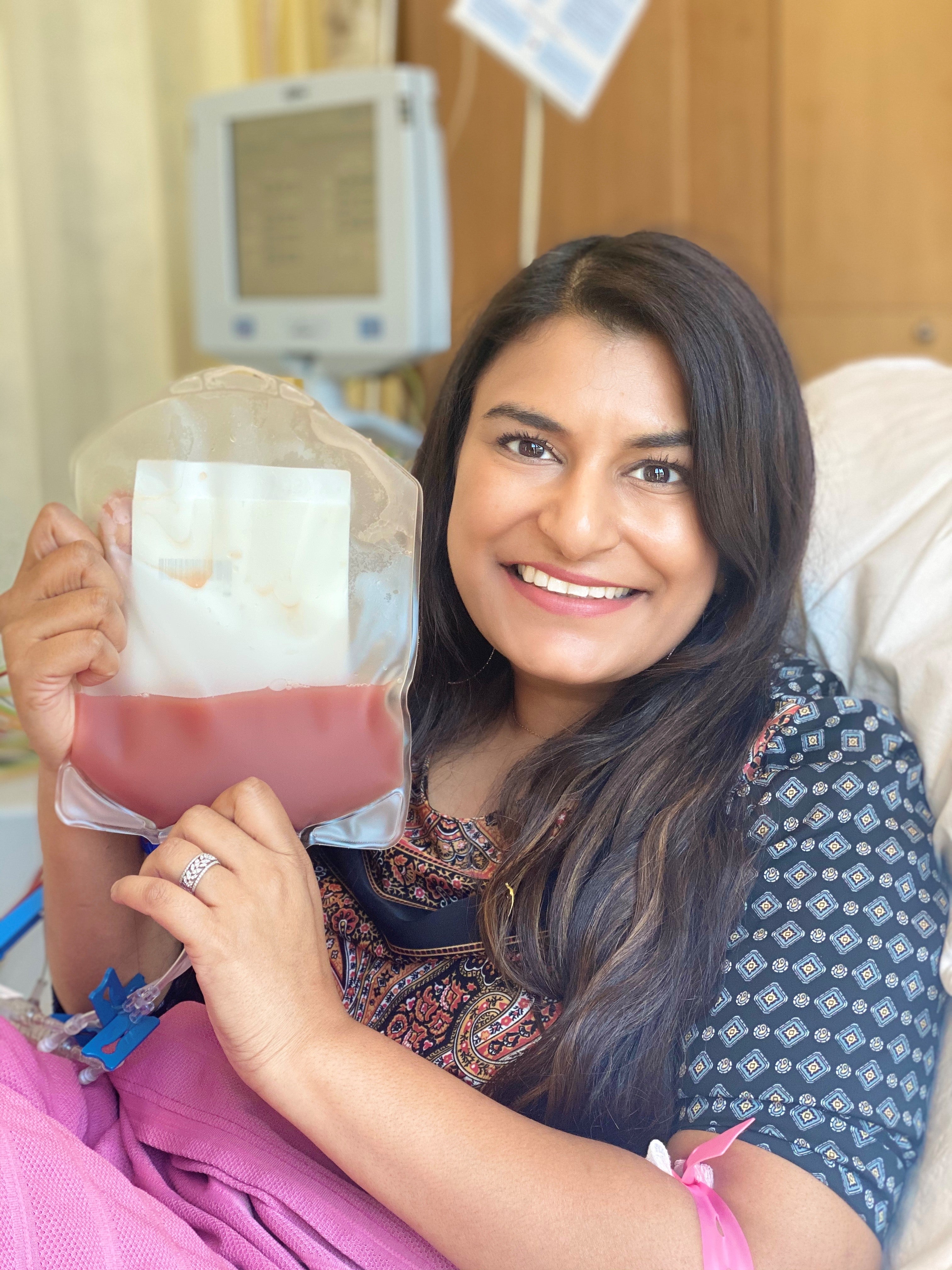 Poonam with her completed stem cell donation bag