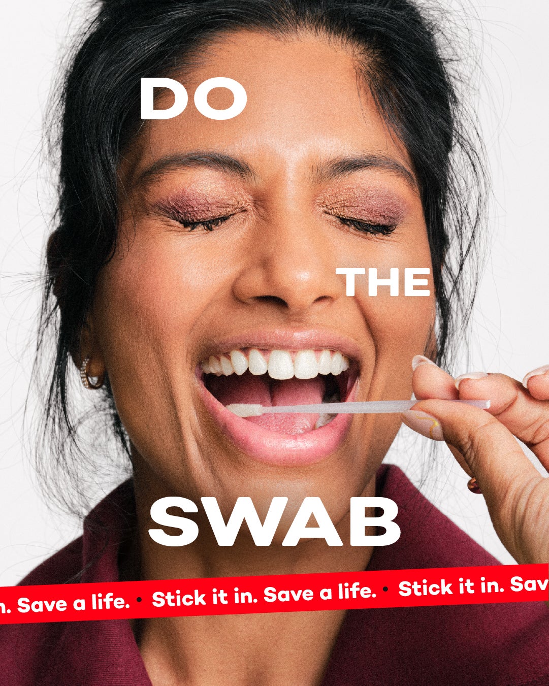 Model Sakira on a poster doing the swab for the DKMS UK 'Do The Swab' campaign