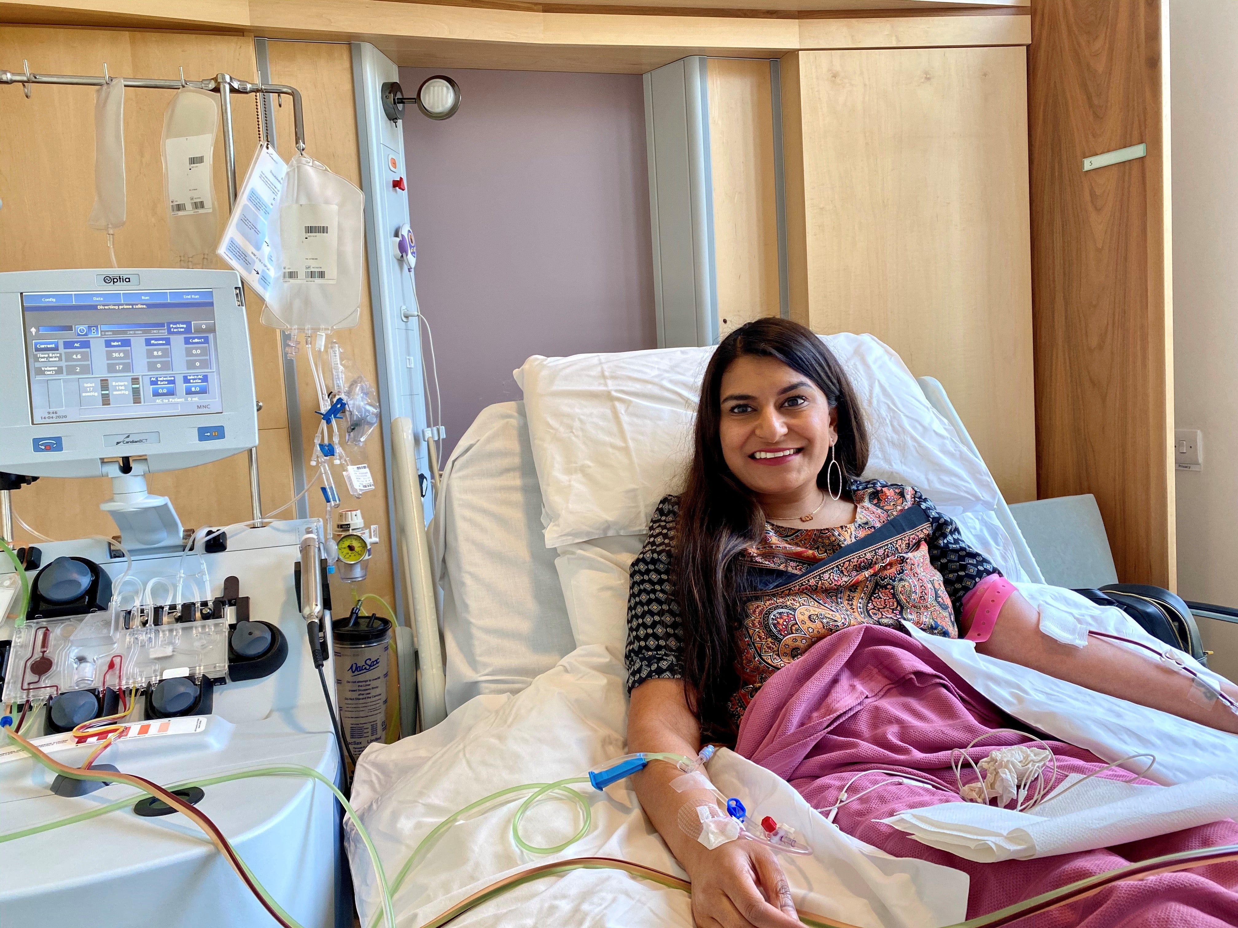 Poonam on a hospital bed during her stem cell donation