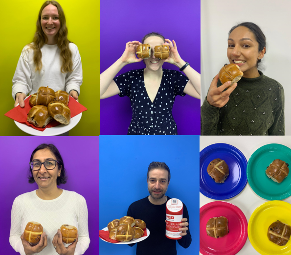 Photos of various people posing with Hot Cross Buns