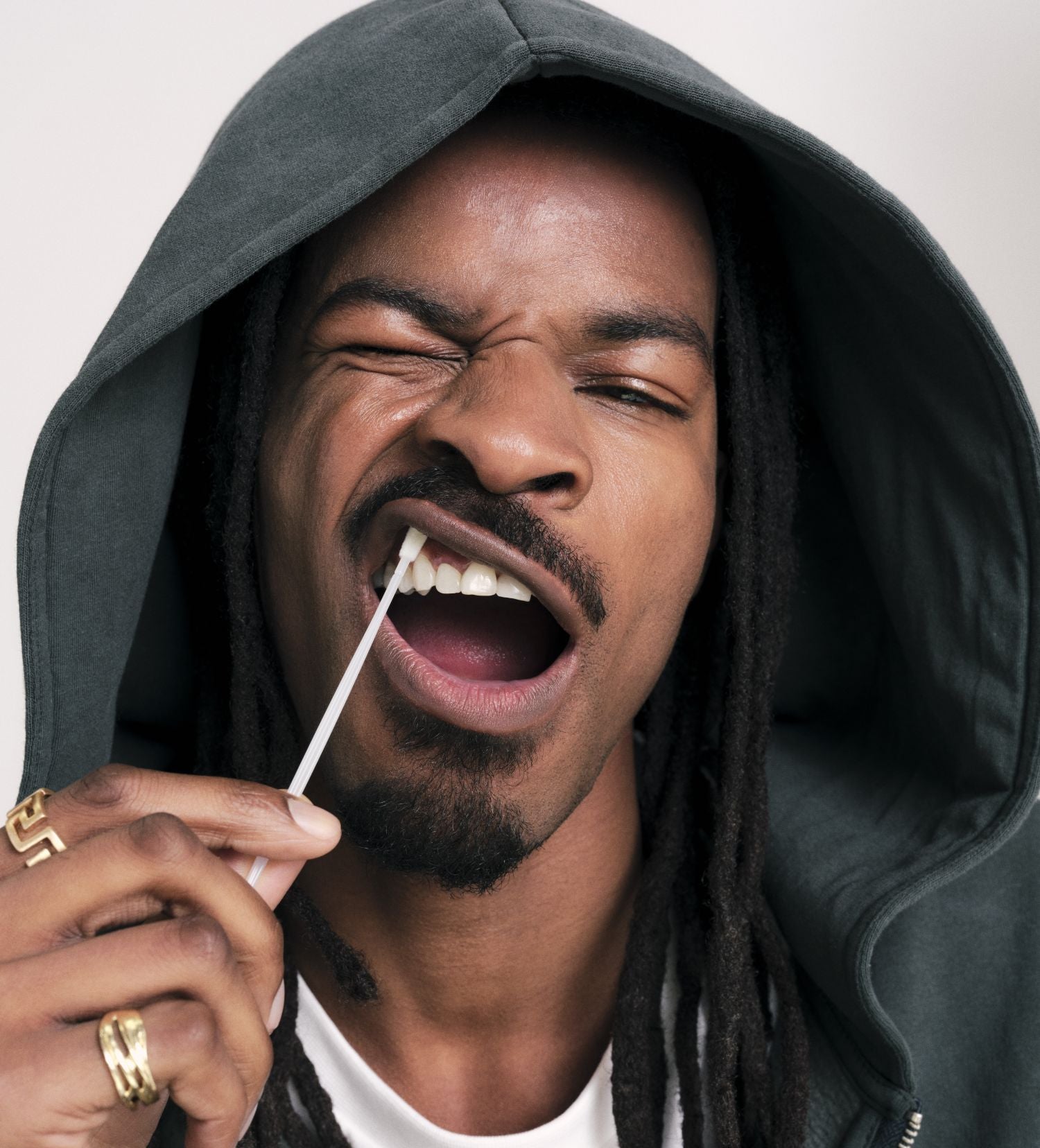 Model Michael swabbing for the DKMS "Do The Swab" campaign