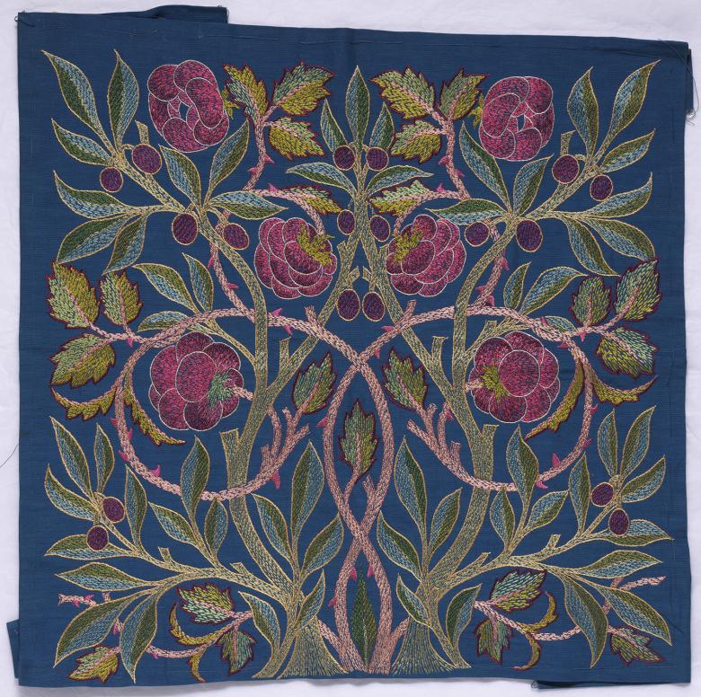 William Morris and Lily Yeats, Rose and olive cushion cover, designed by Morris, embroidered by Yeats, c. 1902. Yeats Archive. Photo, National Gallery of Ireland.