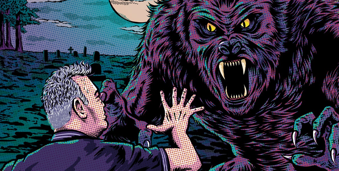 Cartoon type image with rear view of a man holding his hand up to stop a large aggressive wolf type beast.