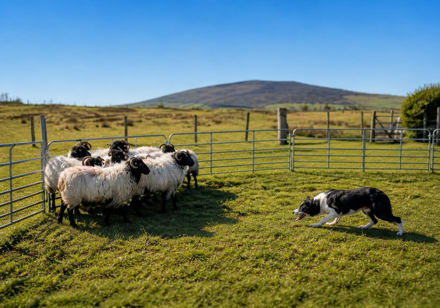 Working Sheepdog Maggie in action guarding a small group of sheep in a field on a sunny day.