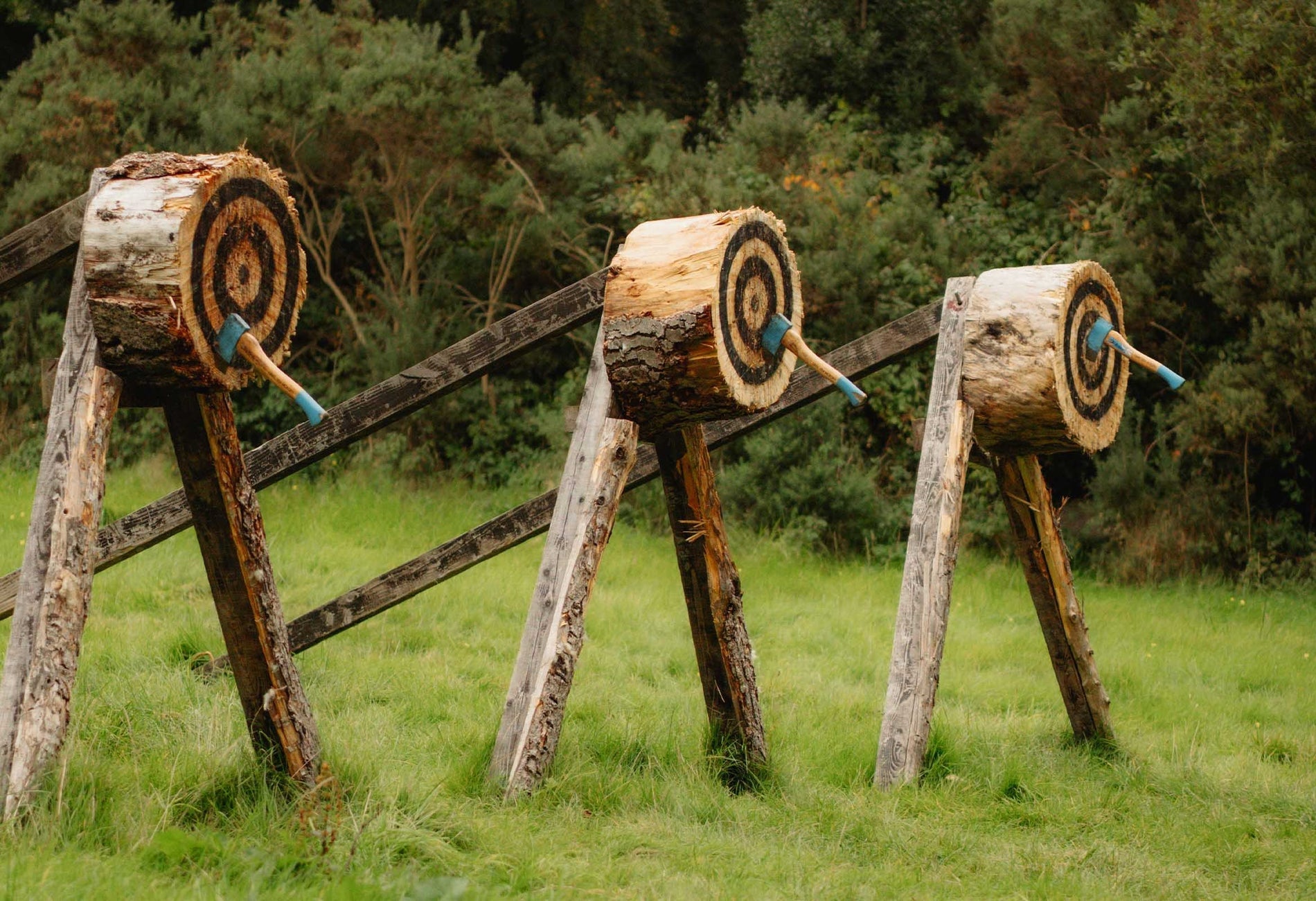 Three wooden targets in a field with an axe in the middle of each