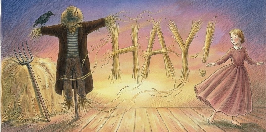 Lyngo Theatre presents Hay! Cartoon type image of a scarecrow and a young woman in a flowing dress surrounded by hay.