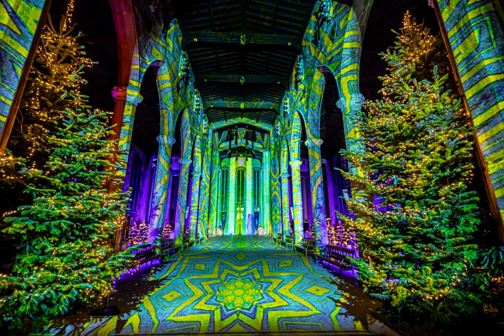 Cathedral illuminated by Luxmuralis “Starlight” – a 360° immersive light and sound show transforming the historic space into a magical Christmas journey of art, music, and wonder.