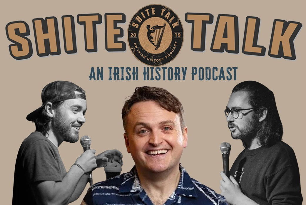 Shite Talk History Jonathan Swift - A smiling man in the centre with photo either side of men holding mics.