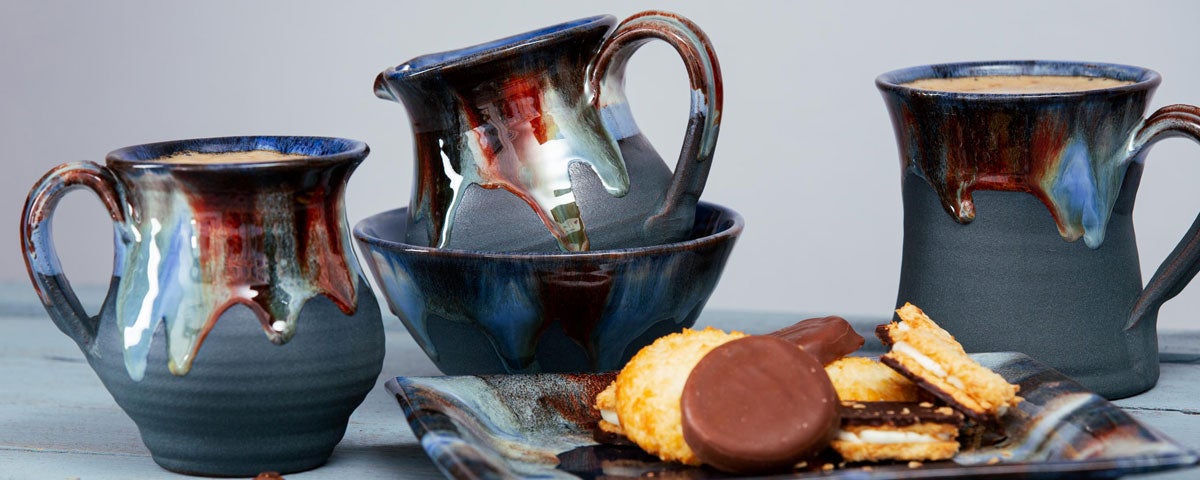 Rossa Pottery tea service set in blue with distinctive glaze