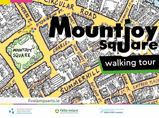 The illustration shows a map of Mountjoy Square and the surrounding area, with the route of the Walking Tour marked out on the map.