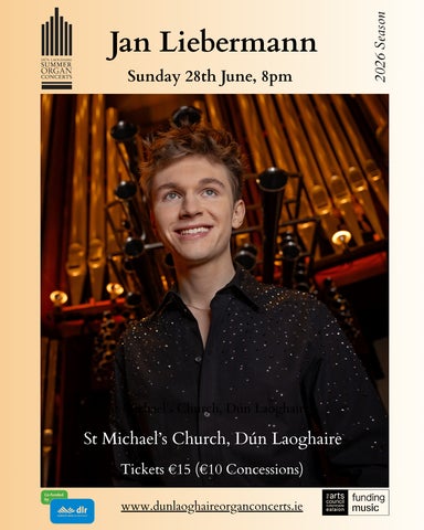 Poster for the event which features a smiling young man with the pipes of a large organ behind him. 