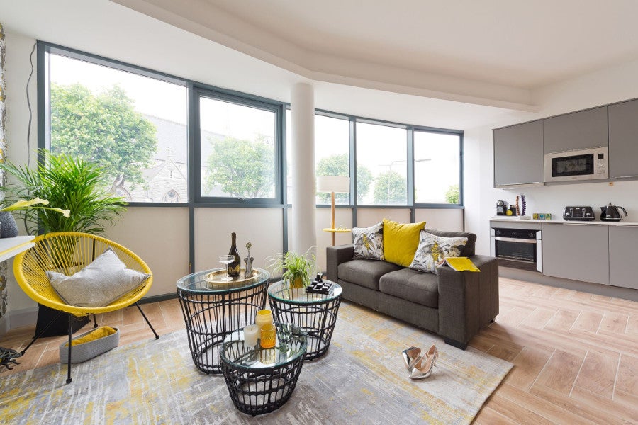 Kitchen come living room with couch and grey units