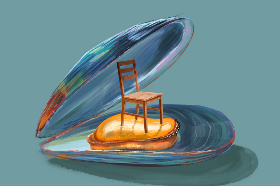 Drawing of an open blue mussel shell containing a tiny brown chair on top of a mussel.