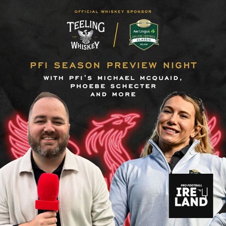 Picture of both hosts of panel discussion on a black background in front of a neon phoenix