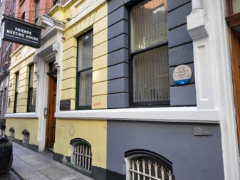 A blue plaque marks the spot where Frederick Douglass spoke in 1845, mounted on the Friends' Meeting House—a reminder of the vital role Dublin's Quaker community played in supporting the abolitionist during his time in the city.
