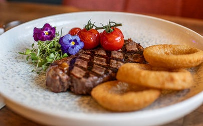 A cooked steak on a white plate with vine tomatoes, flowers and onion rings