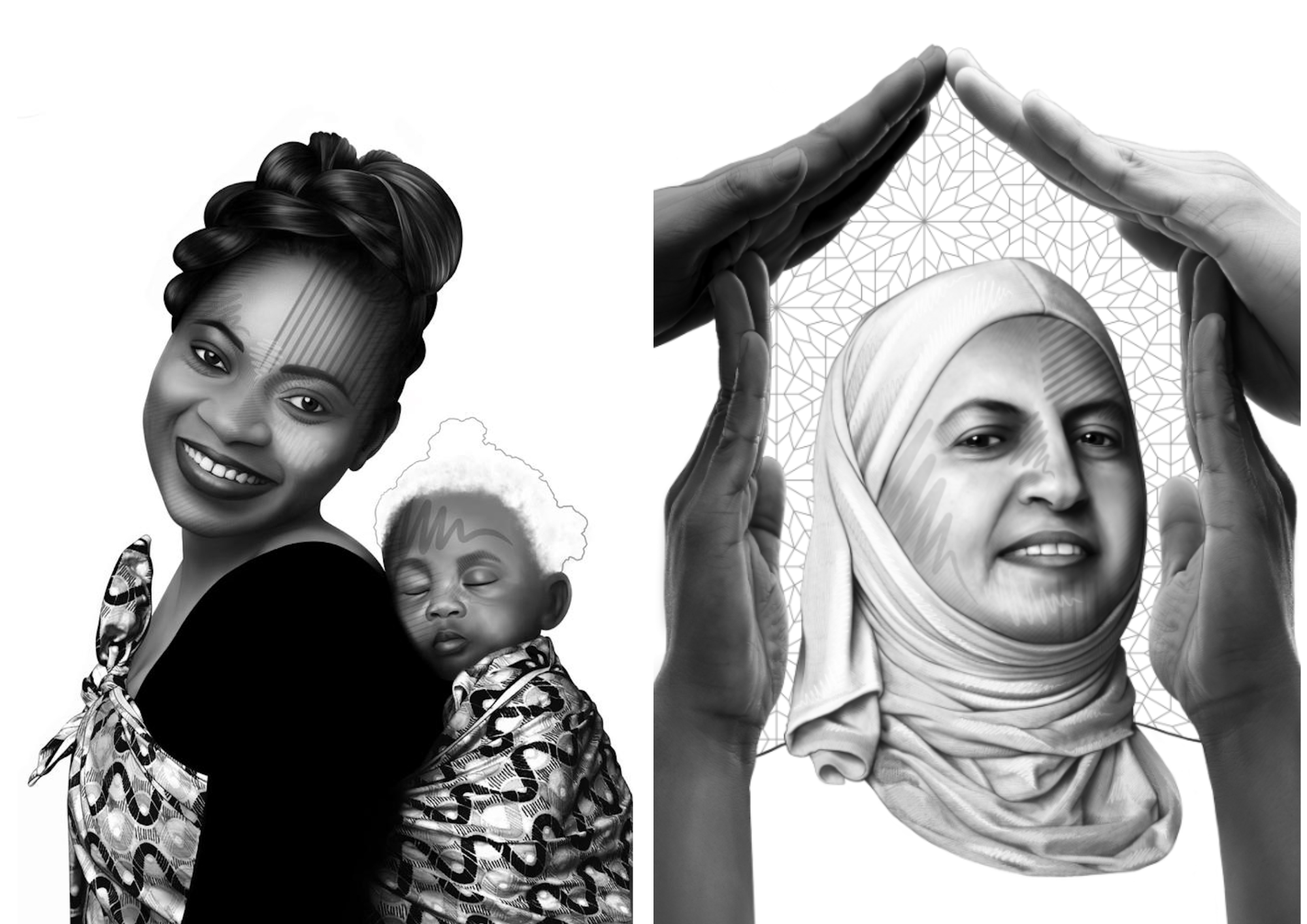 A Story from Home exhibition, 2 black and white images of different smiling women, one with a sleeping baby on her back in a sling.
