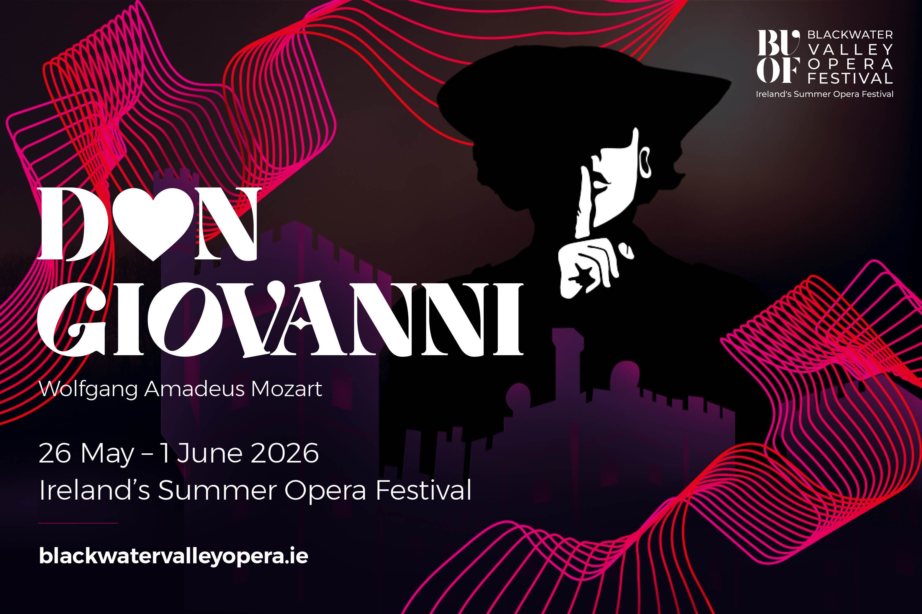 Don Giovanni - Lismore Castle BVOF 2026, A figure in black and white with hat obscuring most of face with a finger up to their lips