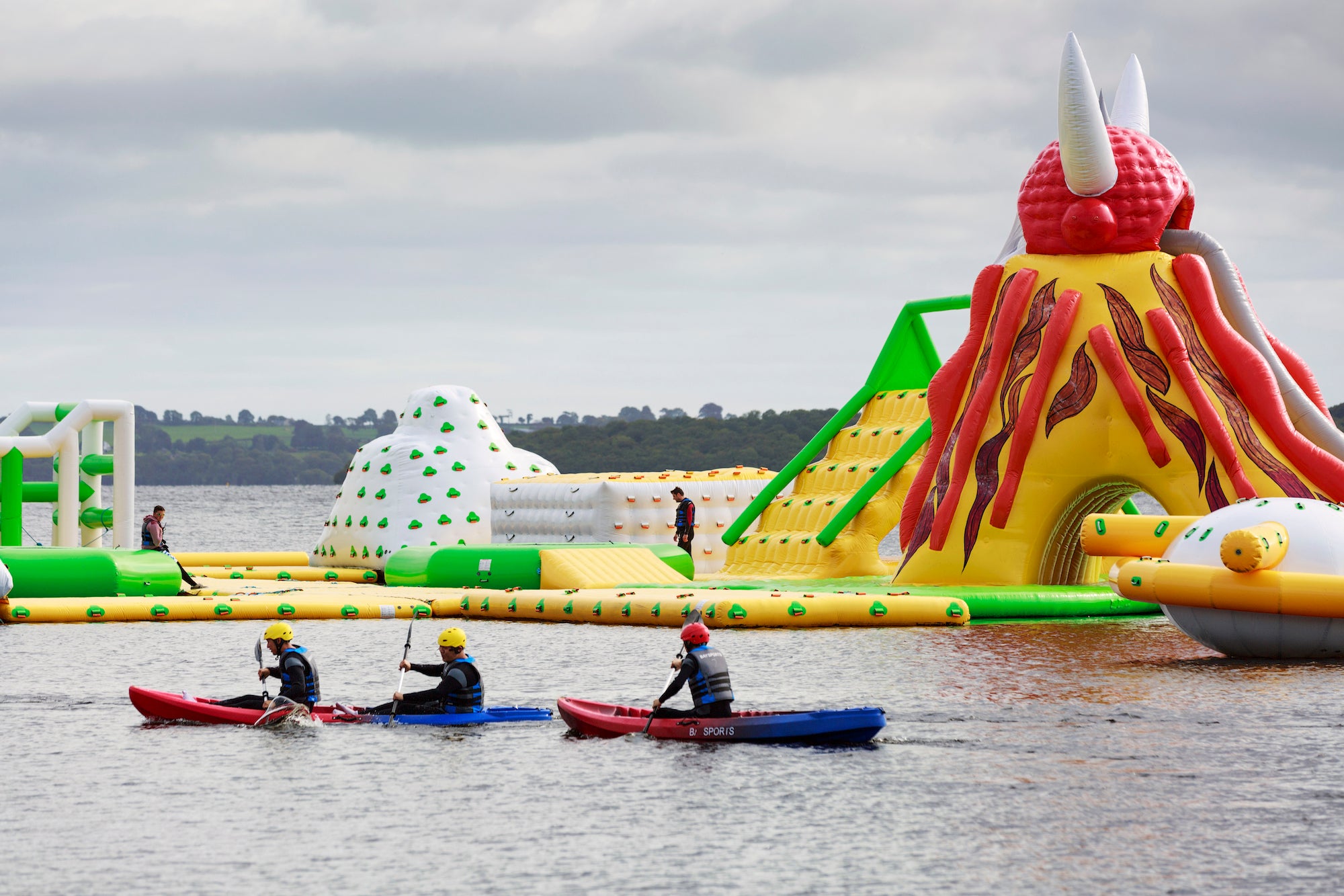 Three people kayaking at Baysports Waterpark in Athlone, County Westmeath
