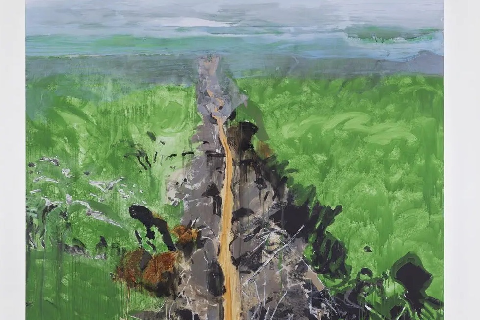 A painting with central view into the distance of pathway cleared in green area.