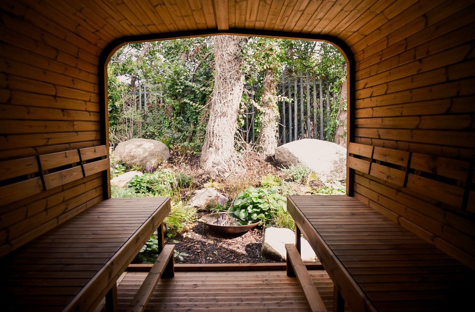 The interior of a wooden sauna cabin