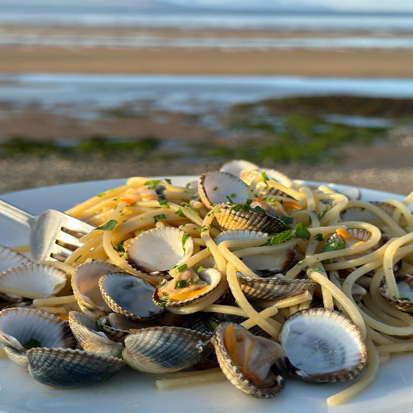 A plate of seafood linguine.
