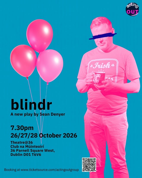 Poster for production of Blindr with man holding a cup of tea with eyes obscured by dark, horizontal lines, beside 3 balloons.