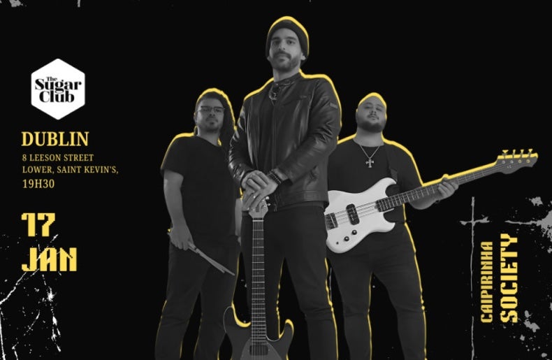Caipirinha Society, 3 men dressed in black, posing with guitars or drum sticks.