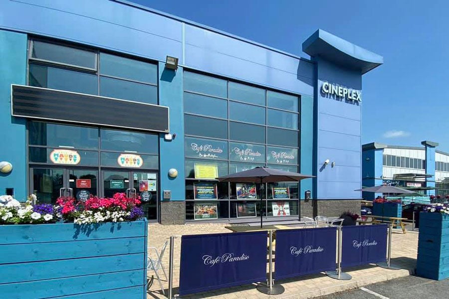 Exterior view of the Cineplex which is blue in colour