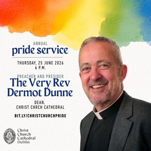 Dean Dermot Dunne's portrait overlays information about the annual Pride Service at Christ Church Cathedral