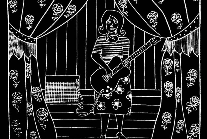 Black and white basic etch of female playing a guitar on a stage with curtains