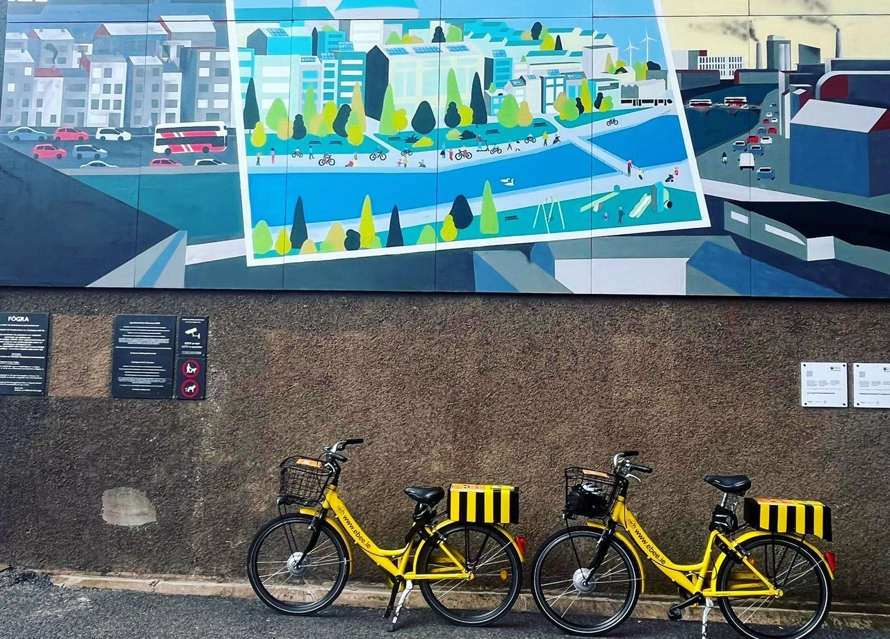 Two eBee ebikes parked under a colourful Cork City street art mural