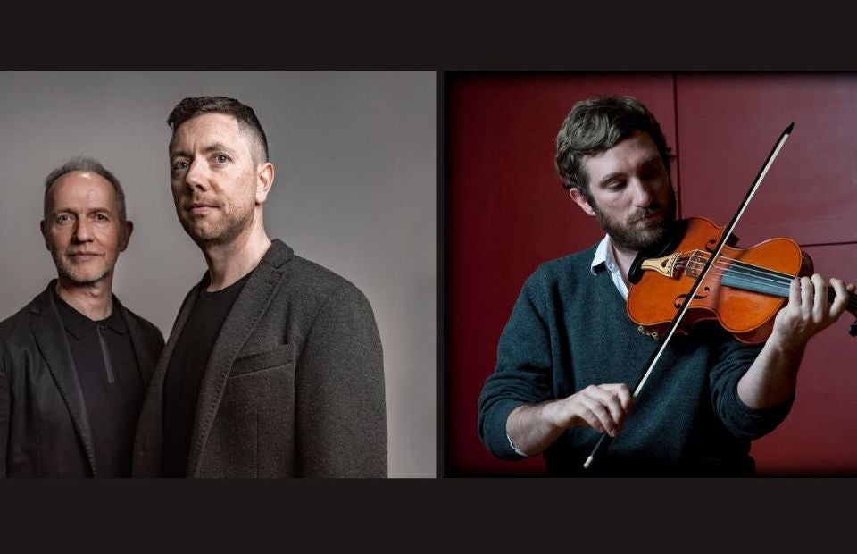 Photo of Iarla Ó Lionáird, C. McCarthy & C. Ó Raghallaigh - 2 men in dark outfits standing beside each other and photo of man playing a fiddle.