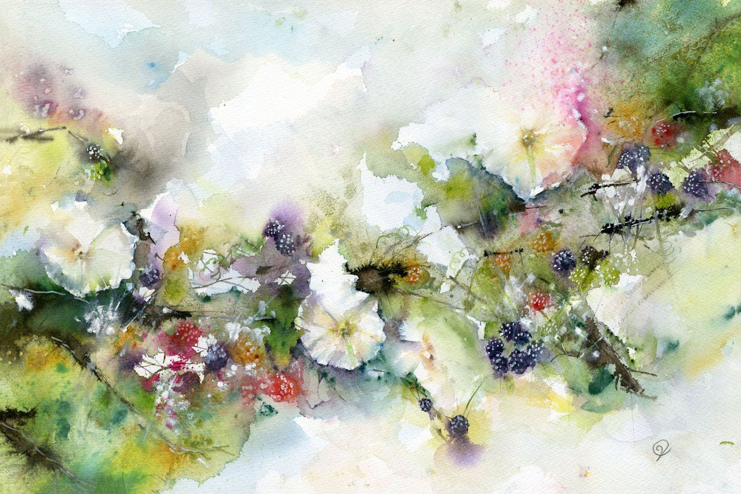 Painting of blackberries and flowers in a hedgerow