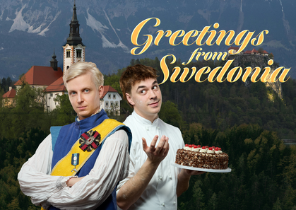 The Fit Prince - a young prince wearing a sash and medals with folded arms, behind is a chef holding a chocolate cake.