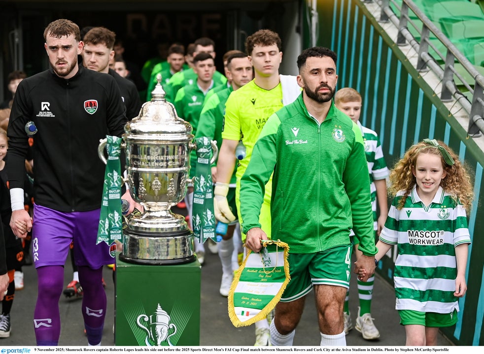Cork City and Shamrock Rovers players walk out for the 2025 Men's FAI Cup Final