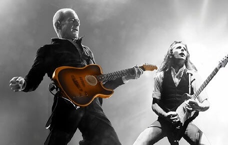 2 different images of a man playing an electric guitar.