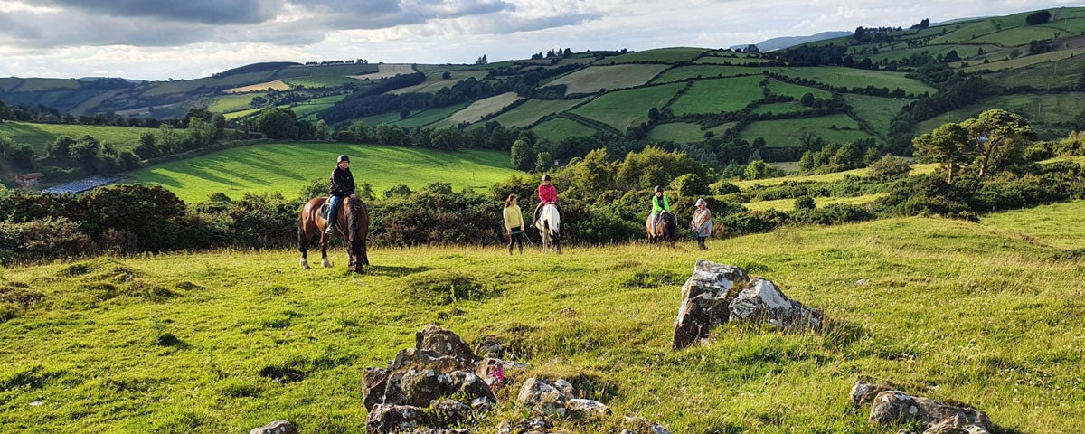 A group on horseback on a trek in a field with rocks on foreground