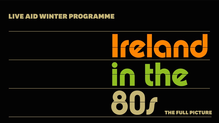 Bold orange, green and gold typography appears against a black background, divided by thin horizontal gold lines.