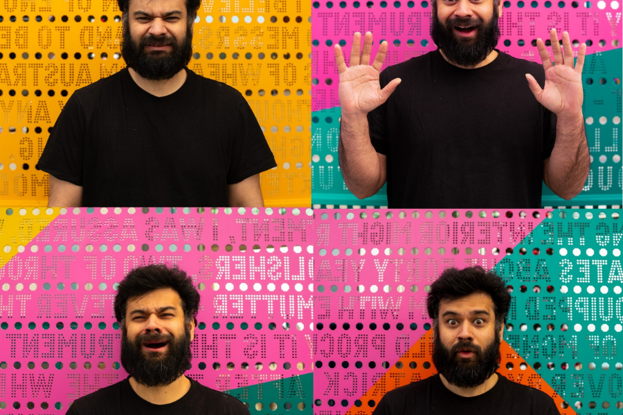4 different photos of the same man with different facial expressions.