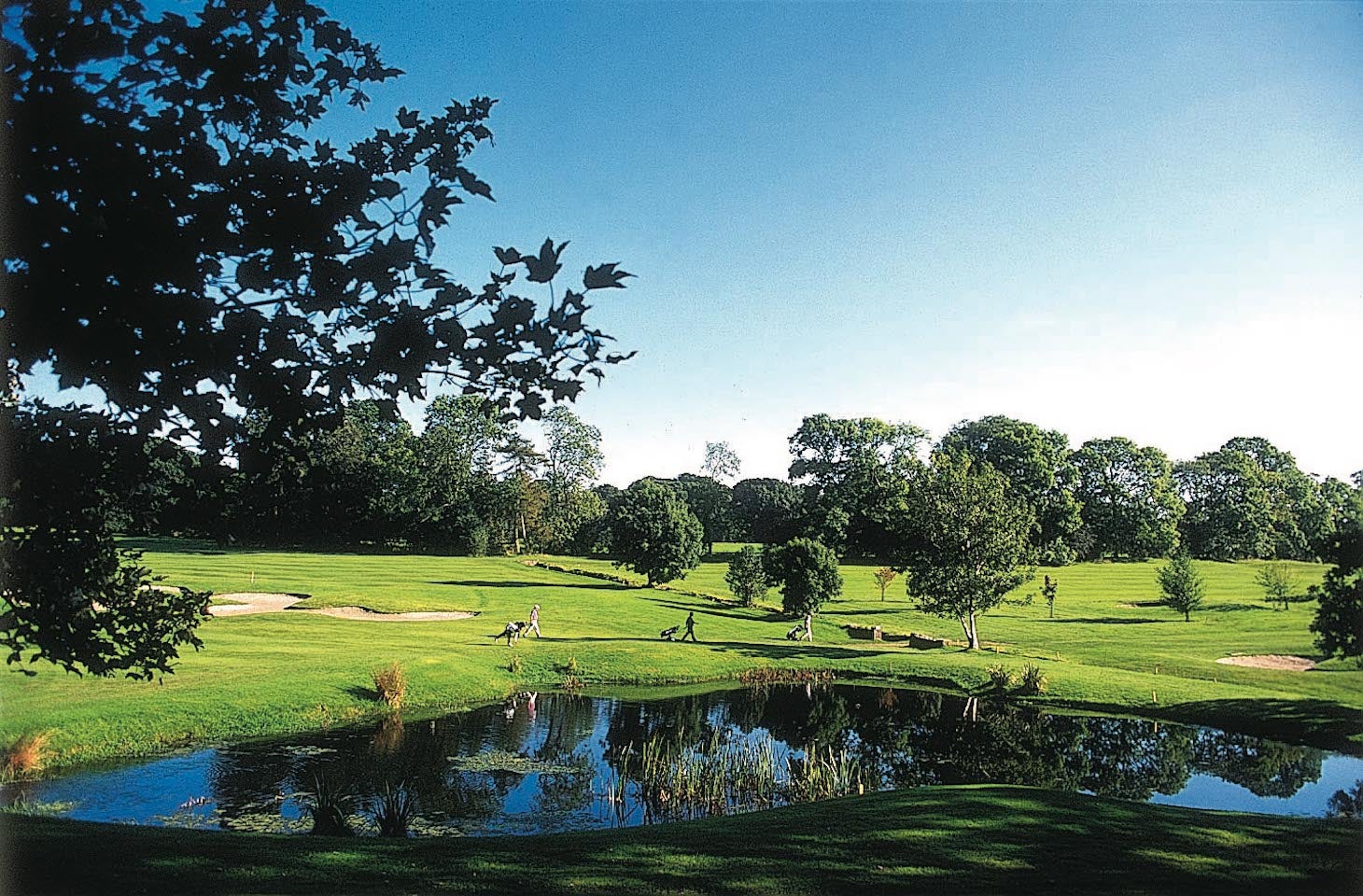 Golfers walking down the green past a water feature at Rathsallagh Golf Club in Wicklow.