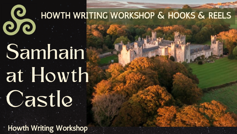 Hooks and Reels Samhain poster with distant picture of a sprawling castle surrounded by autumn trees