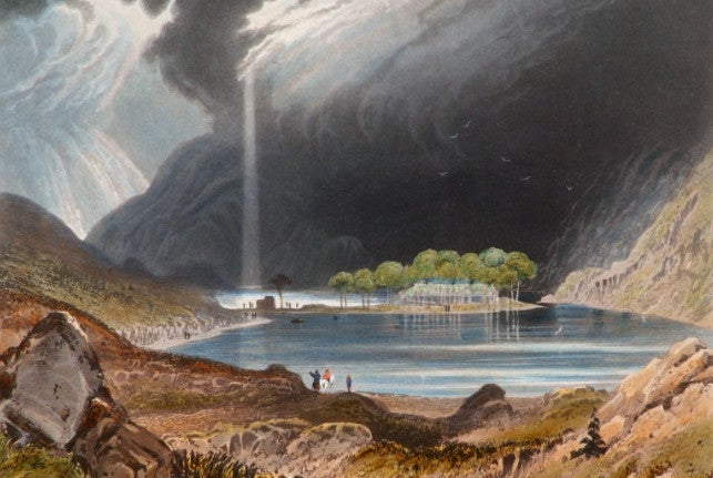 Painting of a view of a lake surrounded by rocky hills with 3 small figures at the water's edge, with buildings in the far distance and large dark sky with single shaft of light shining straight down.