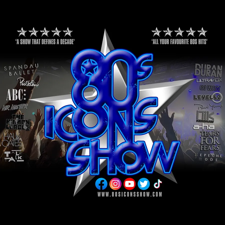 Large bright blue event text over a large silver star against dark background
