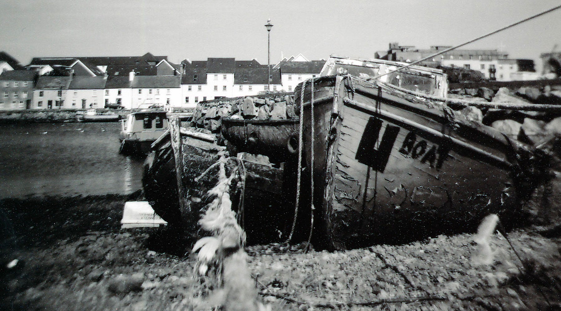 A black and white image of the Claddagh area of Galway City