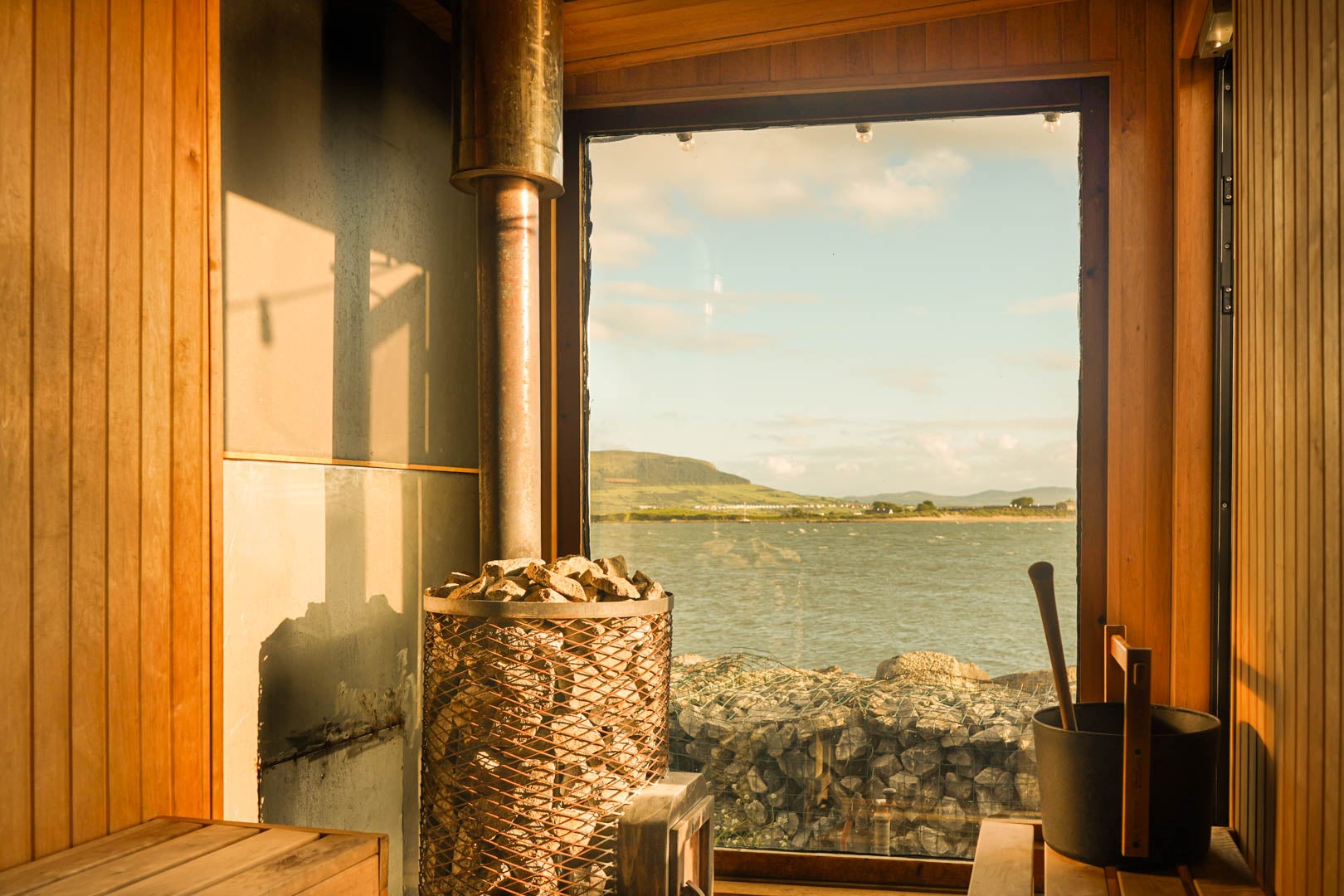 Coastal views from inside The Hot Box Sauna Rosses Point in Sligo